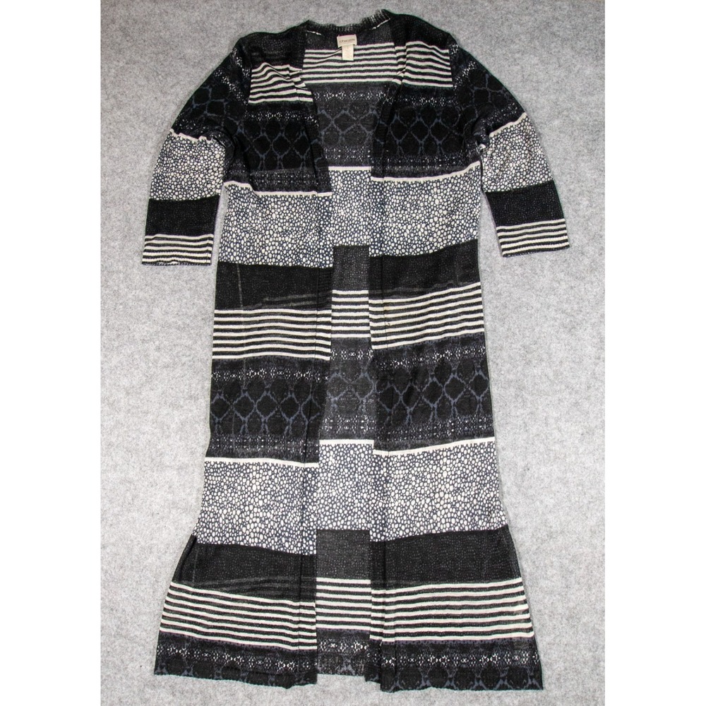 Chico's Black White Mixed Pattern Knit Longline Duster Cardigan Sweater Sz 1